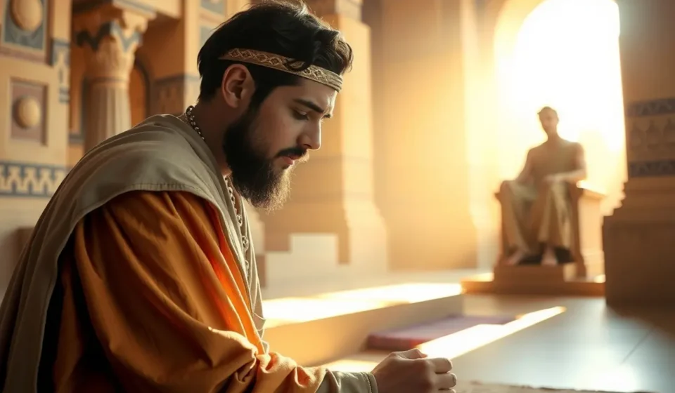 Rei Salomão ajoelhado em oração, buscando sabedoria de Deus.