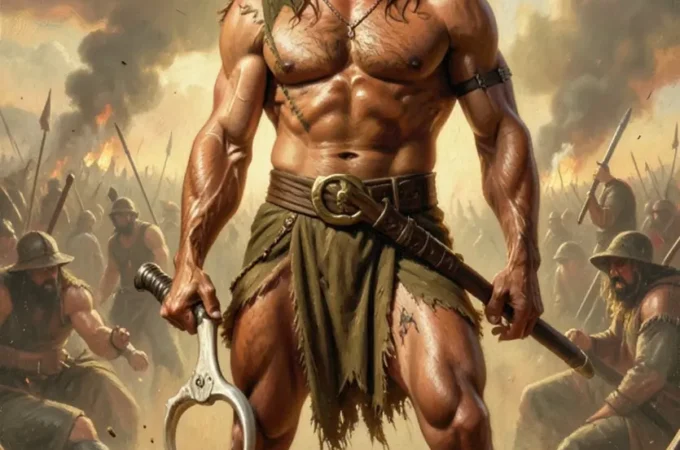 Sansão empunhando a queixada de um jumento em um campo de batalha épico.