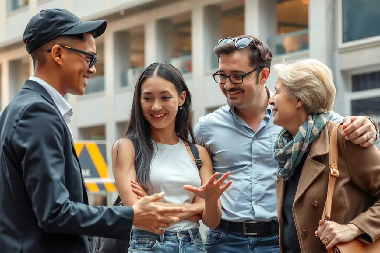 Pessoas interagindo com ética e bondade em ambiente urbano.