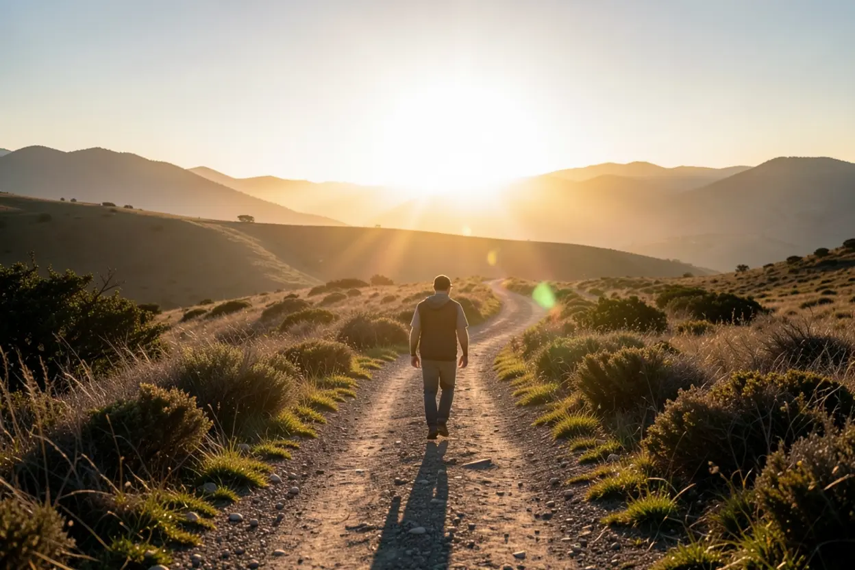 Uma pessoa seguindo um caminho, simbolizando o discipulado e o ato de seguir a Jesus.