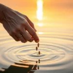 Mão semeando sementes na água ao nascer do sol.