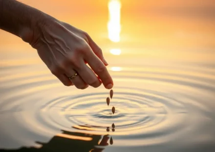 Mão semeando sementes na água ao nascer do sol.