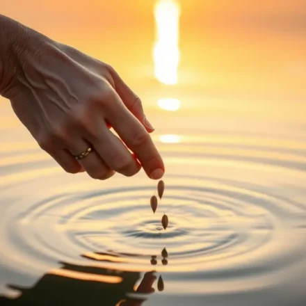 Mão semeando sementes na água ao nascer do sol.