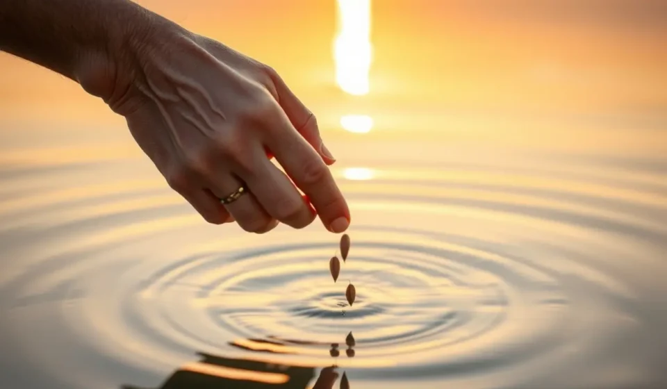 Eclesiastes 11:1 – A Sabedoria de Lançar o Pão Sobre as Águas Mão semeando sementes na água ao nascer do sol.