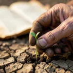 Mão segurando broto em terra seca, Jeremias 4:3 explicada.