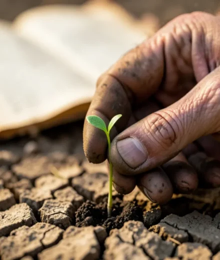 Mão segurando broto em terra seca, Jeremias 4:3 explicada.