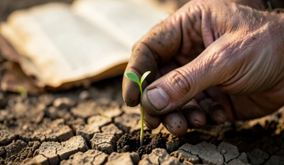 Mão segurando broto em terra seca, Jeremias 4:3 explicada.