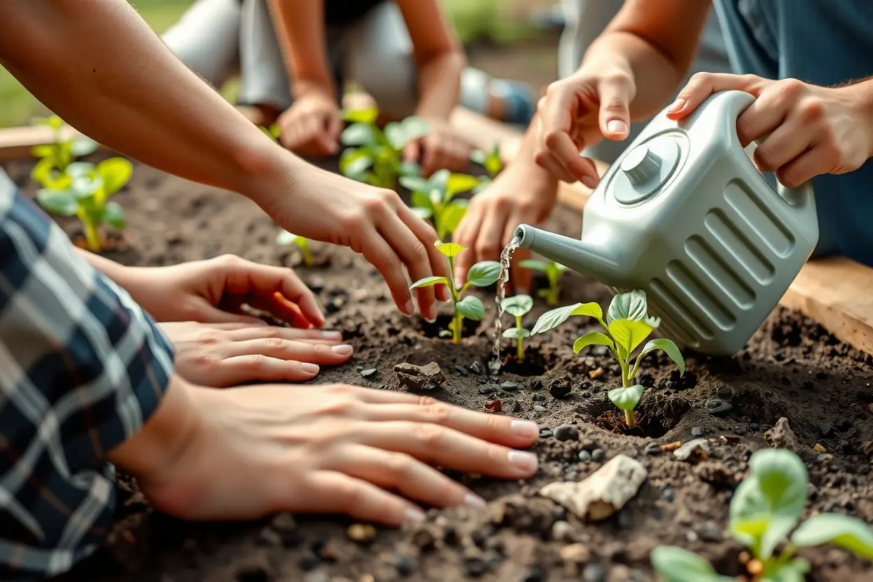 Mãos cultivando um jardim, representando o domínio responsável.