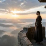Homem ou mulher em torre de vigia ao amanhecer, esperando por Deus.