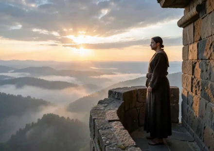 Homem ou mulher em torre de vigia ao amanhecer, esperando por Deus.