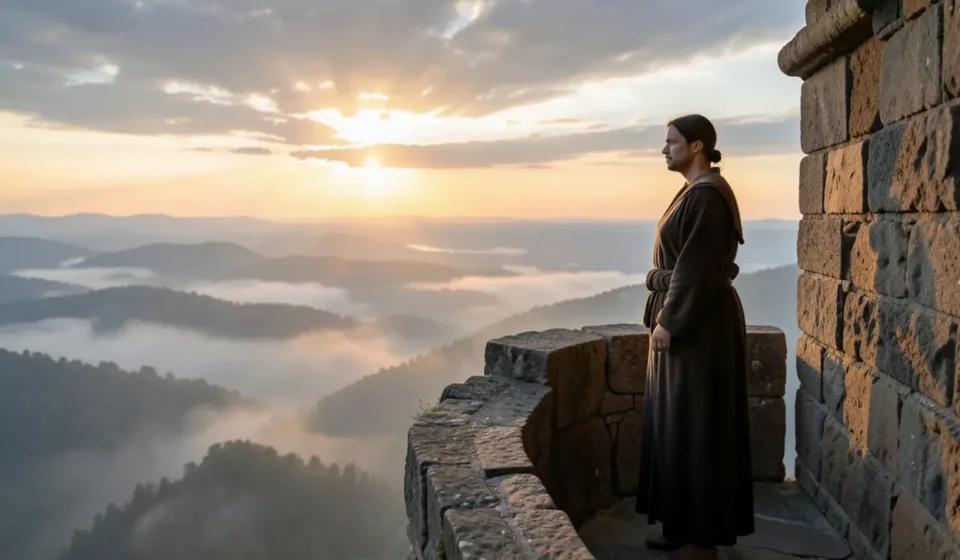 Homem ou mulher em torre de vigia ao amanhecer, esperando por Deus.
