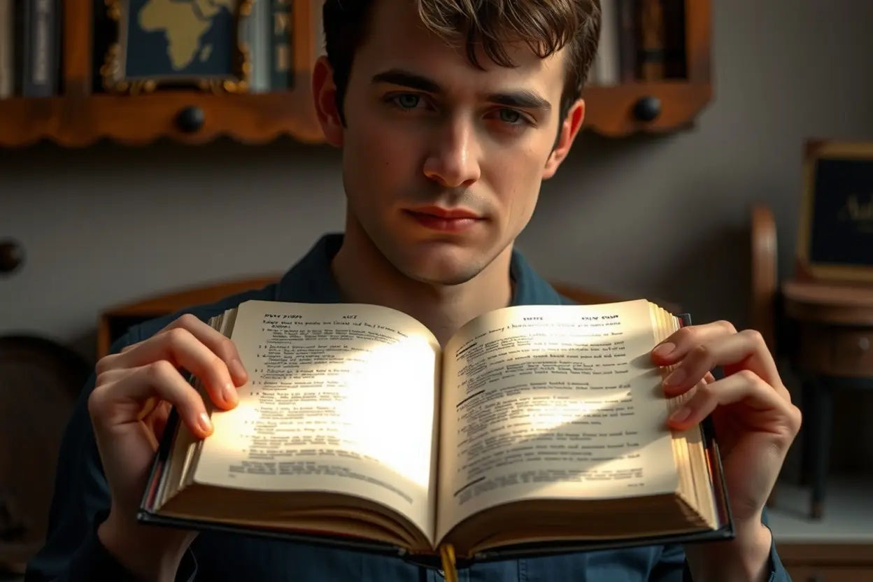 Pessoa pensativa lendo uma Bíblia antiga, com um raio de luz iluminando a página, representando a compreensão da bondade de Deus.
