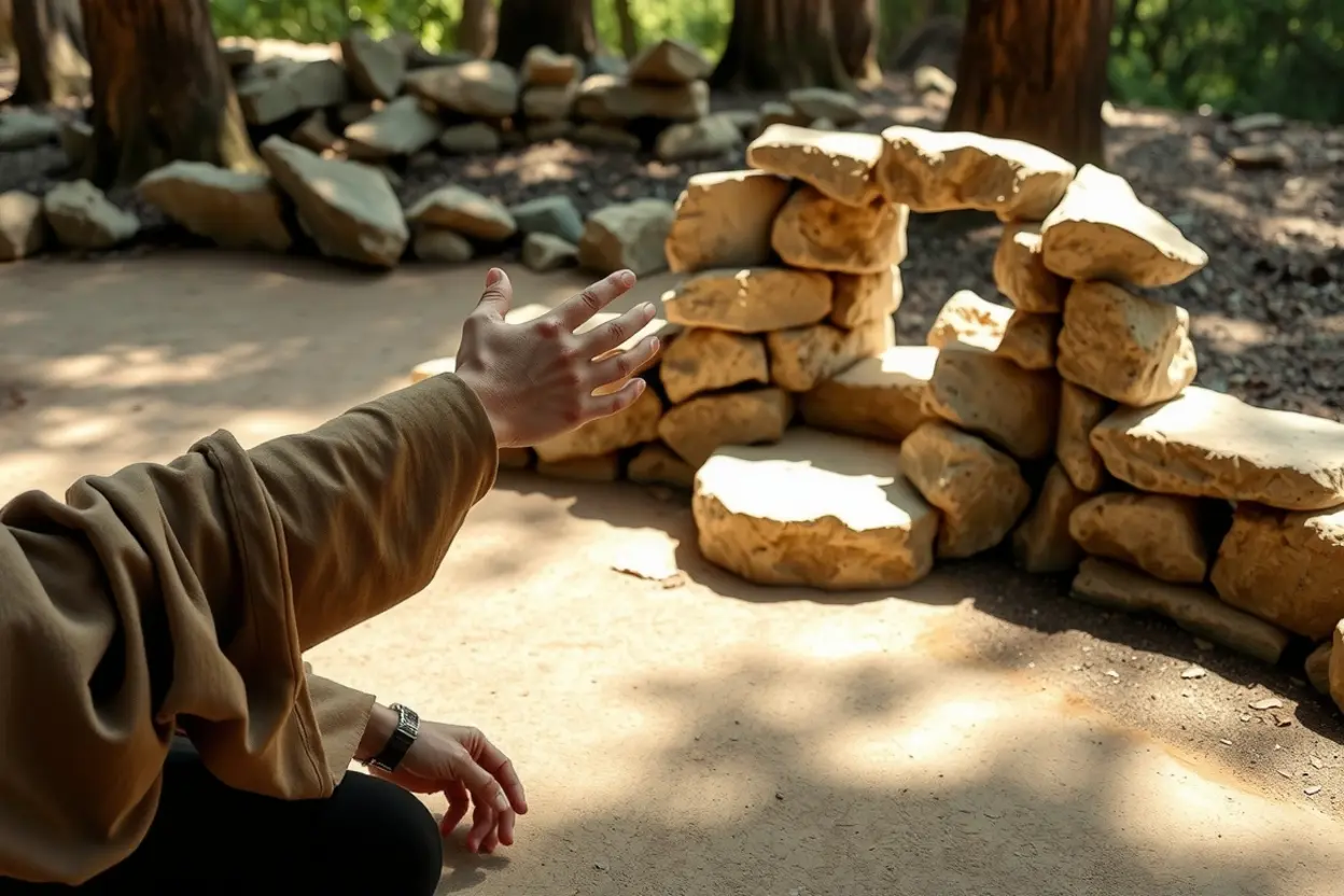 Pessoa ajoelhada em altar de pedra, em atitude de consagração