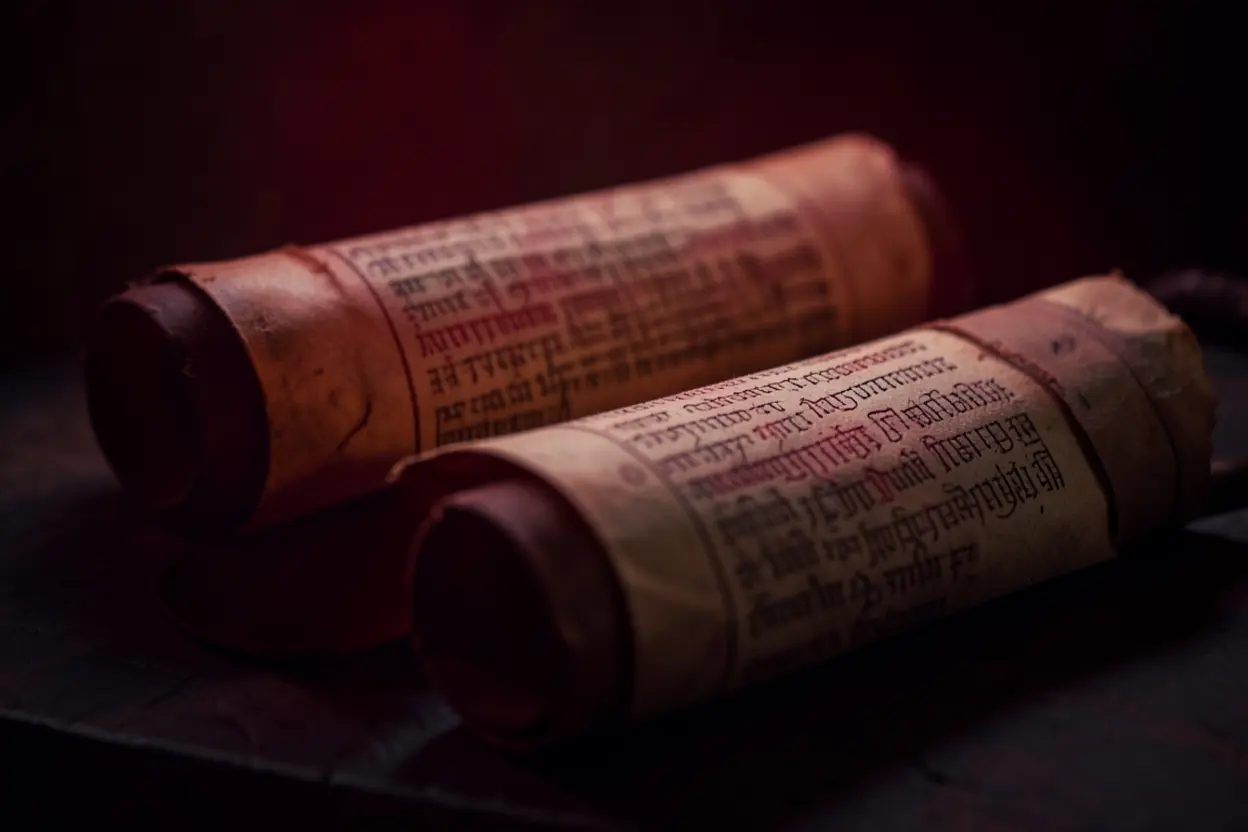 Rolos antigos com tons de escarlate e carmesim, representando o simbolismo bíblico do pecado.