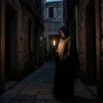 Homem com lanterna em viela escura, simbolizando a busca de Deus.