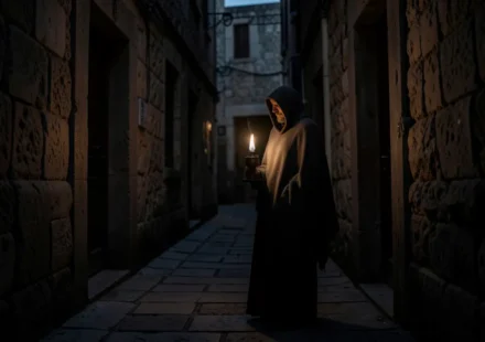 Homem com lanterna em viela escura, simbolizando a busca de Deus.