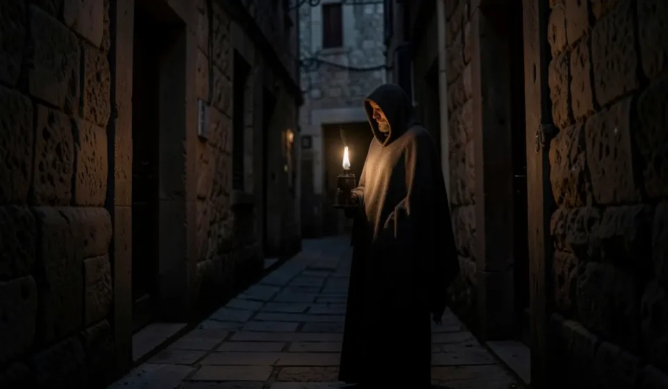 Homem com lanterna em viela escura, simbolizando a busca de Deus.