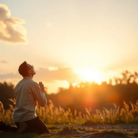 Pessoa orando ao nascer do sol, simbolizando a busca por Deus e humildade.