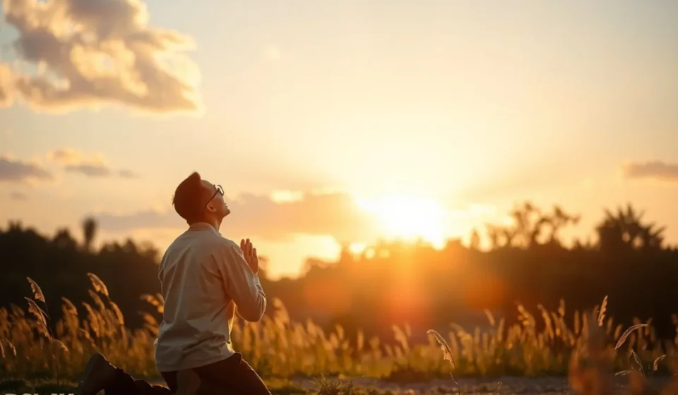Pessoa orando ao nascer do sol, simbolizando a busca por Deus e humildade.