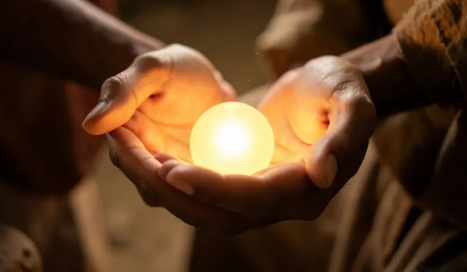 Mãos segurando luz, simbolizando o sopro de vida em Gênesis 2:7.