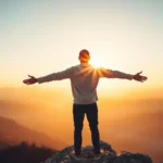 Homem confiante em montanha, representando a superação do espírito de covardia.