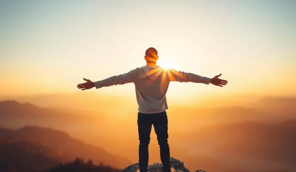 Homem confiante em montanha, representando a superação do espírito de covardia.