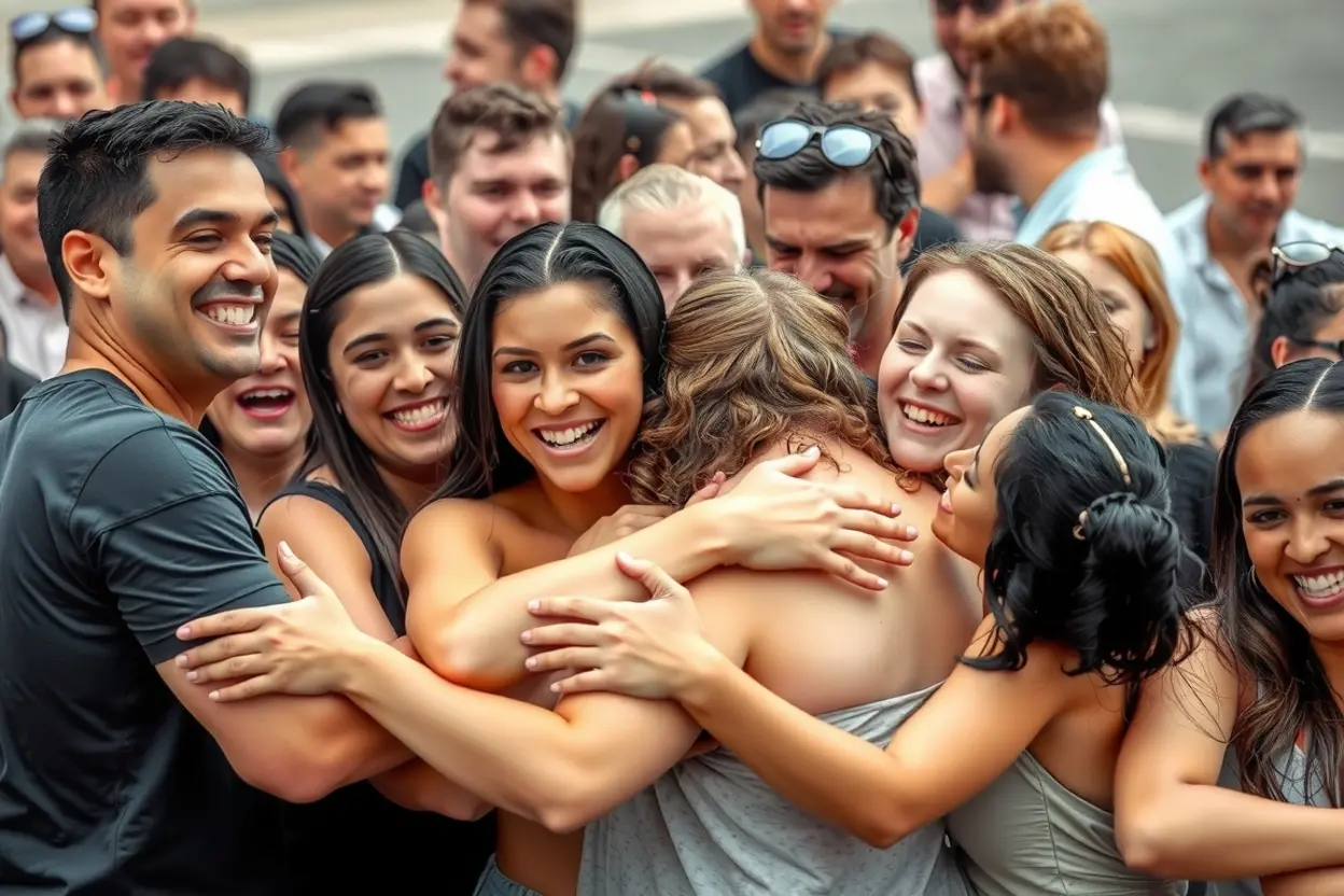 Grupo de cristãos celebrando batismo, simbolizando testemunho de fé.