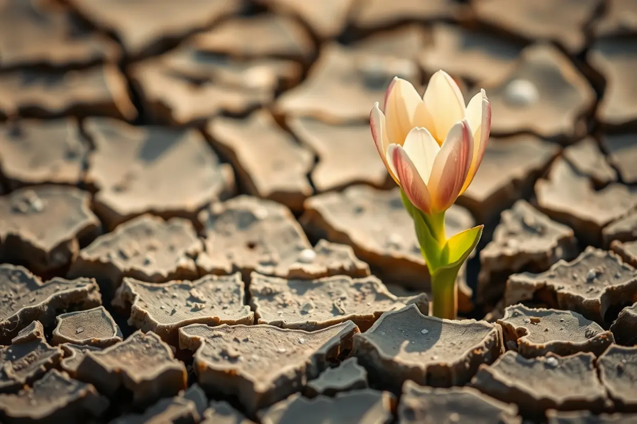 Flor brotando em terra seca, representando a transformação.