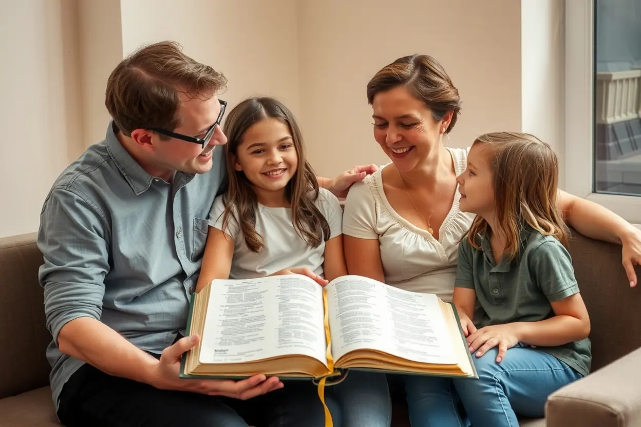 Família estudando a Bíblia, transmitindo a fé.