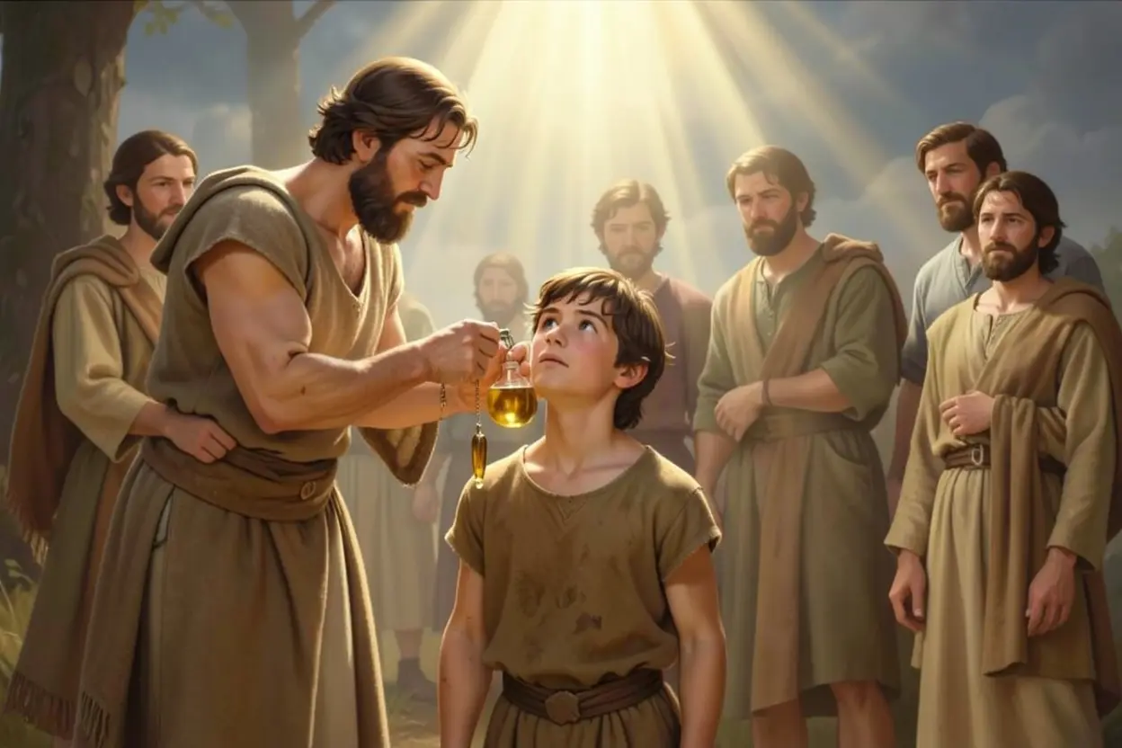 O profeta Samuel ungindo o jovem Davi como rei de Israel.