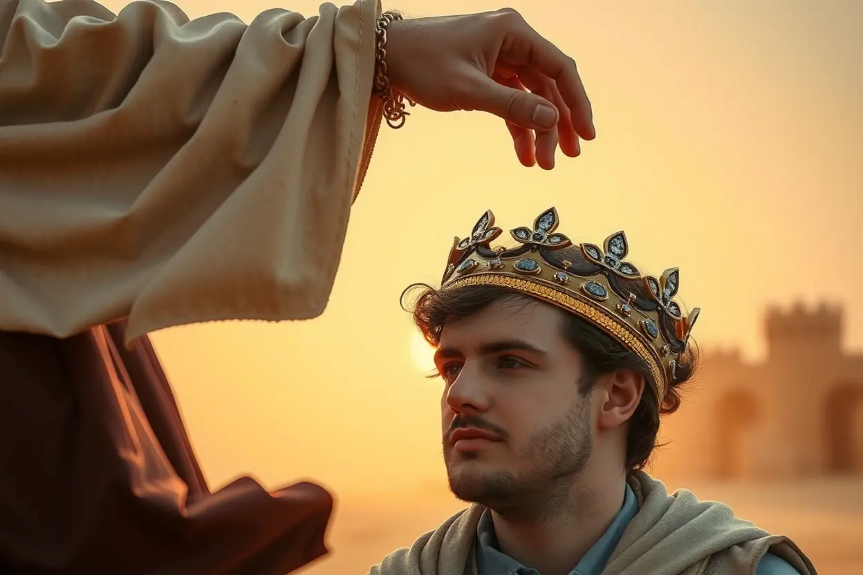 Mão antiga coroando jovem ajoelhado, representando a unção no tempo de Deus.