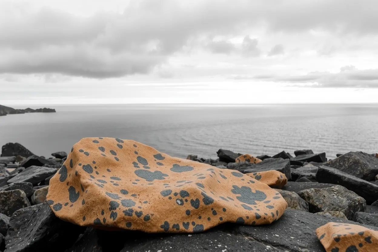 Uma ampulheta sobre uma mesa de pedra com uma vista de um horizonte vasto e melancólico.