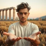 Pessoa cansada em campo, simbolizando o vazio espiritual.