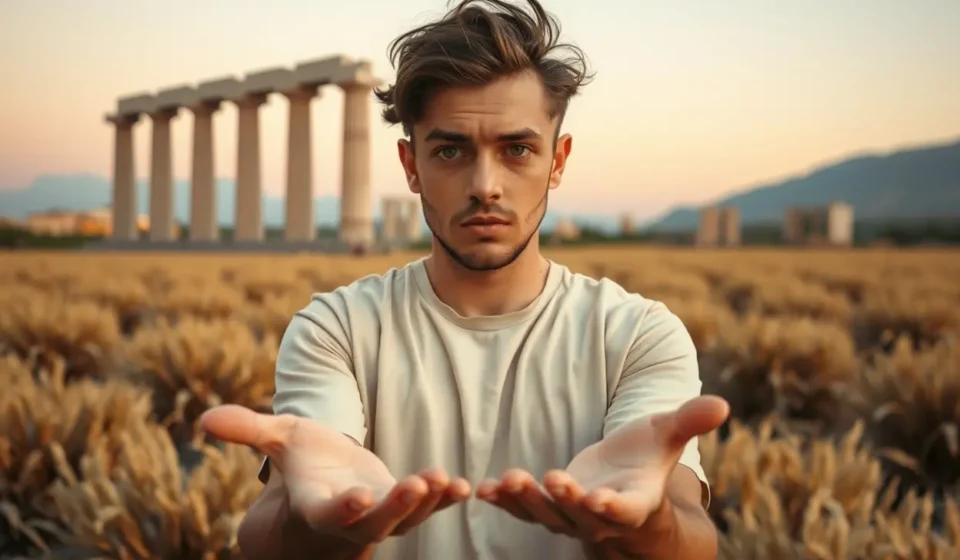 Pessoa cansada em campo, simbolizando o vazio espiritual.