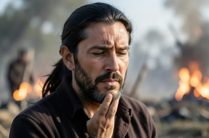 Líder cristão em oração, simbolizando a vitória sobre tentações ministeriais.