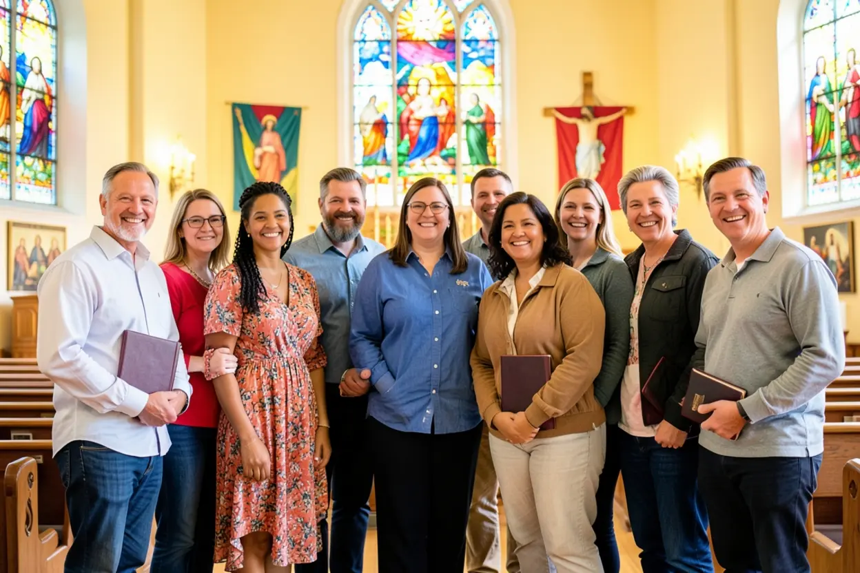 Vida Gloriosa em Cristo Grupo de cristãos felizes, vivendo o batismo como testemunho.