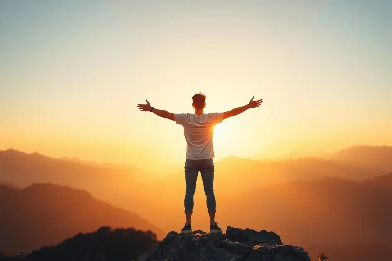 Pessoa em montanha, simbolizando vida gloriosa em Cristo.
