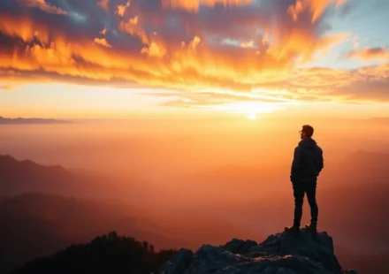 A Visão de Habacuque 2:3: A Certeza da Promessa Divina Homem contemplando o horizonte ao amanhecer, simbolizando a visão profética.