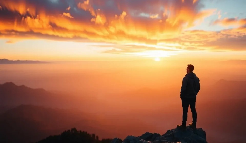 A Visão de Habacuque 2:3: A Certeza da Promessa Divina Homem contemplando o horizonte ao amanhecer, simbolizando a visão profética.