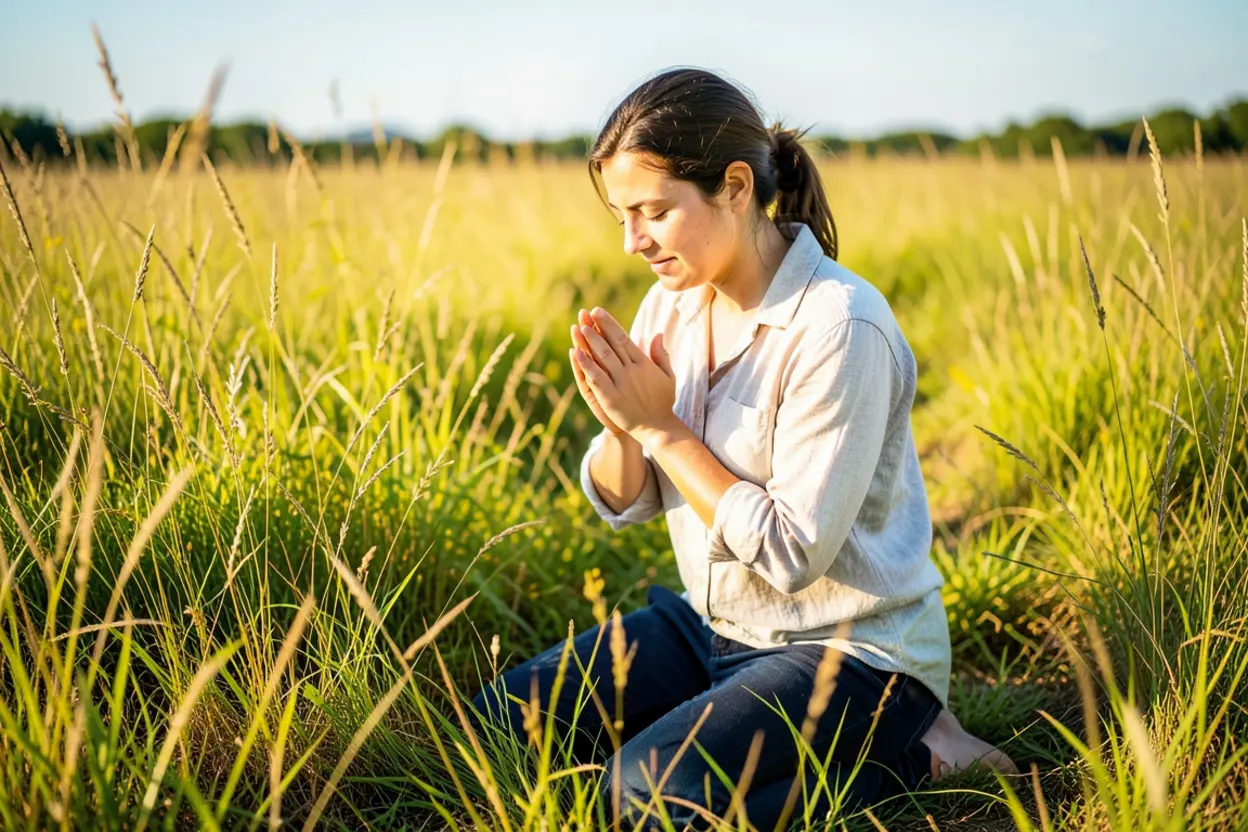 Viver a Fé na Espera Mulher orando em um campo verde, com o sol nascendo, representando a fé e a esperança na explicação de Habacuque 2:3.
