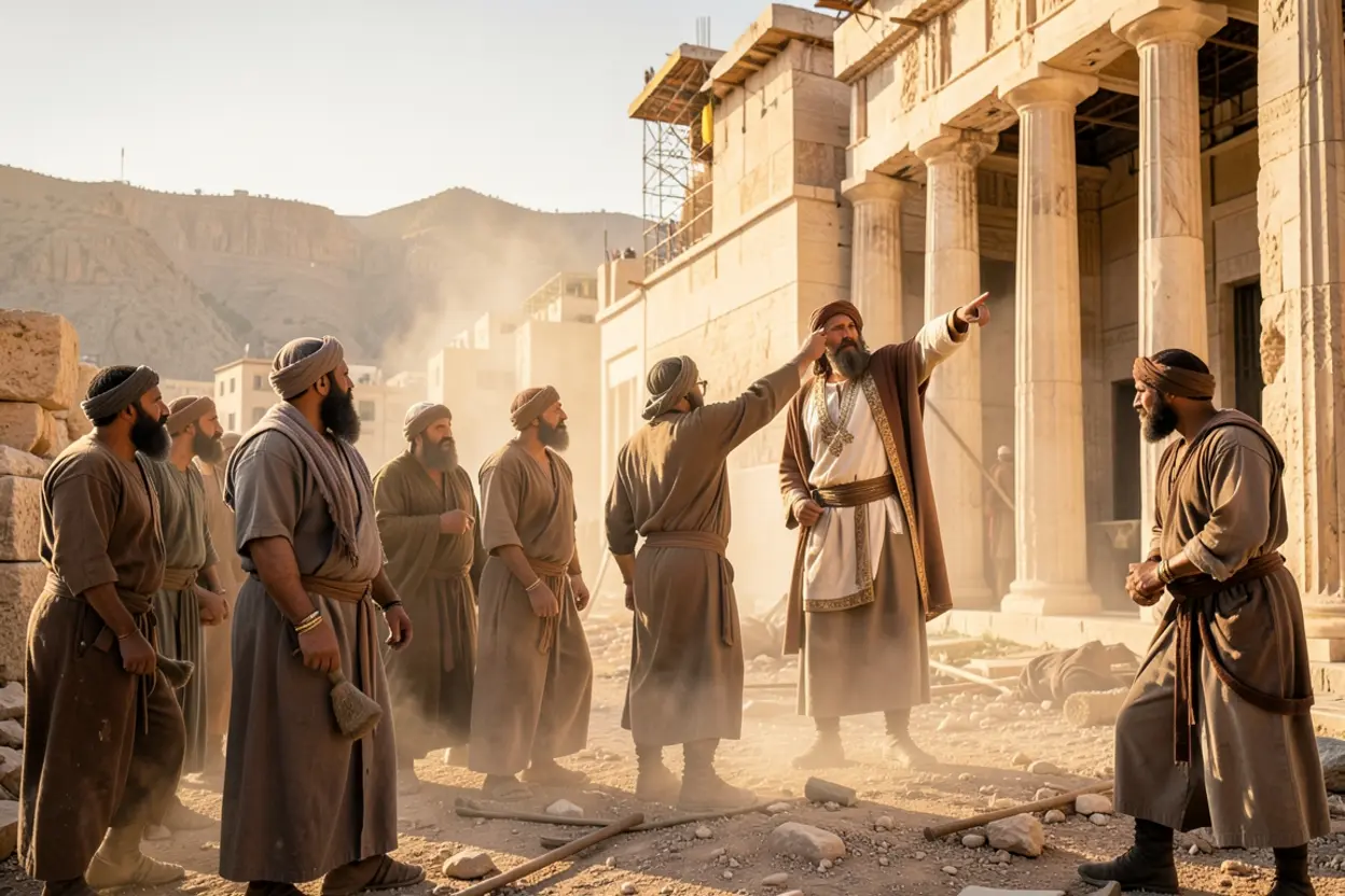 Trabalhadores judeus reconstruindo o Templo de Jerusalém, com Zorobabel supervisionando.