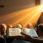 Pregador com Bíblia aberta e luz divina, simbolizando a pregação fiel.