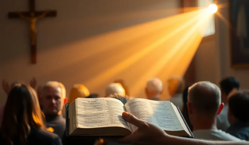 Pregador com Bíblia aberta e luz divina, simbolizando a pregação fiel.