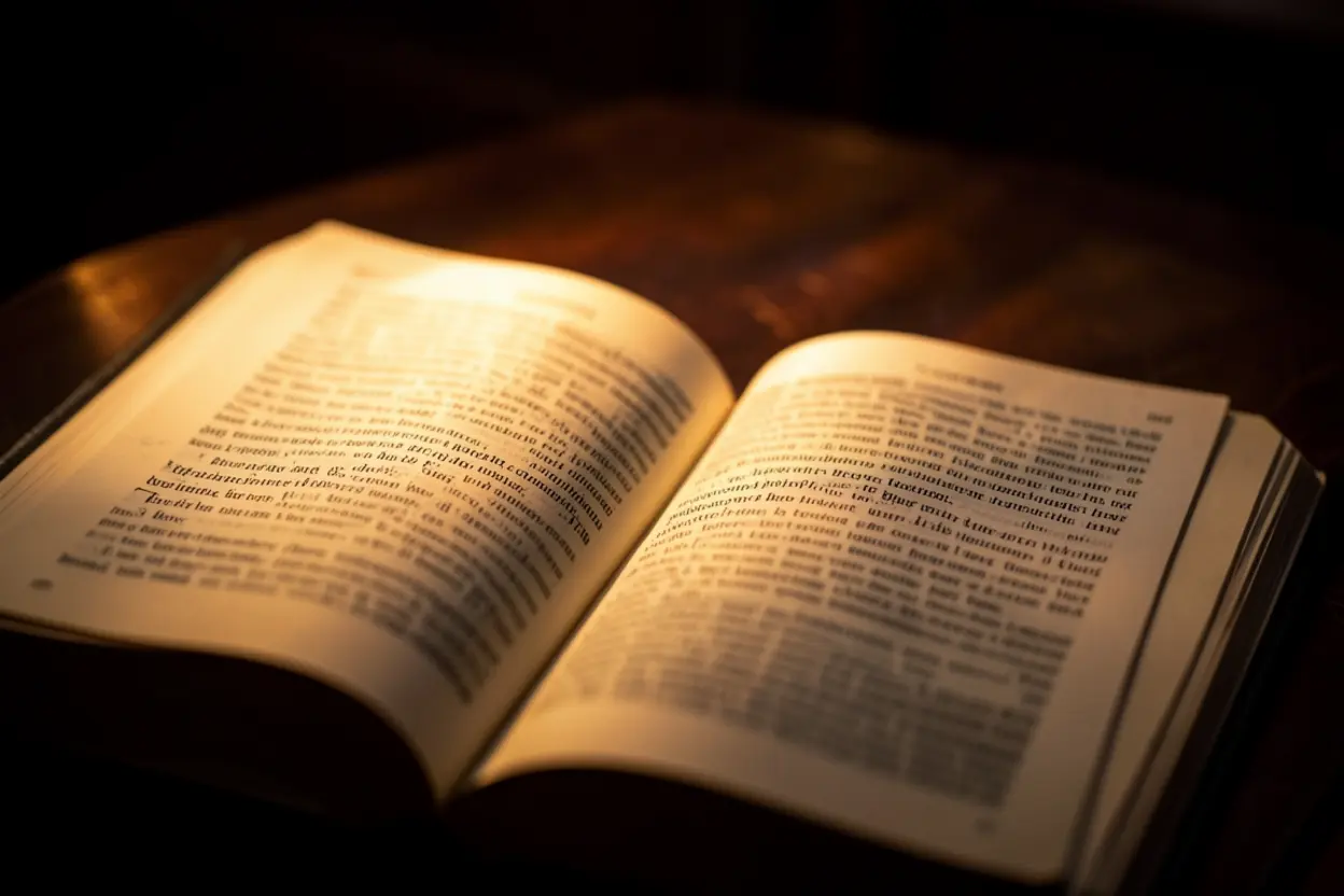 Bíblia aberta sob luz intensa de autoridade.