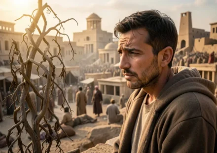 A Profunda Compaixão Divina em Jonas 4:11: Análise Exegética e Pastoral Homem pensativo sob planta seca com cidade ao fundo, simbolizando a mensagem de Jonas 4:11.