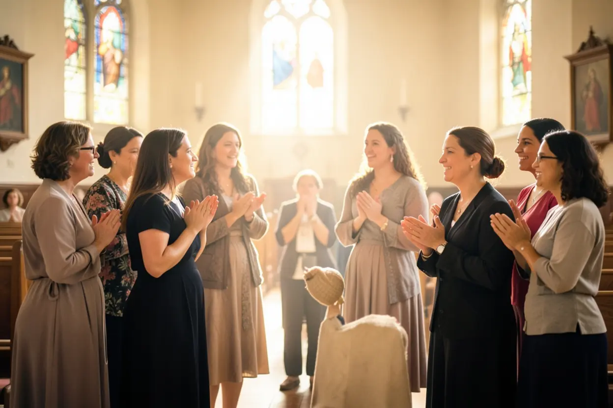 Grupo diversificado de mulheres cristãs em oração e comunhão, sentadas em círculo em um ambiente iluminado.