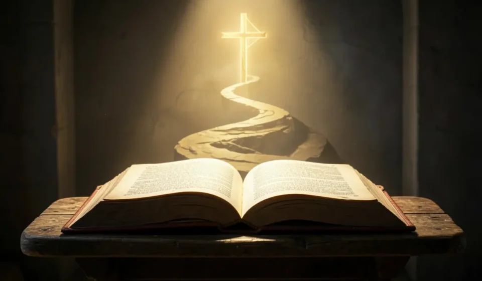 Como Estruturar um Esboço de Pregação Expositiva para Cultos de Ensino Bíblia aberta, púlpito, luz dourada, pregação expositiva, homilética, estudo bíblico