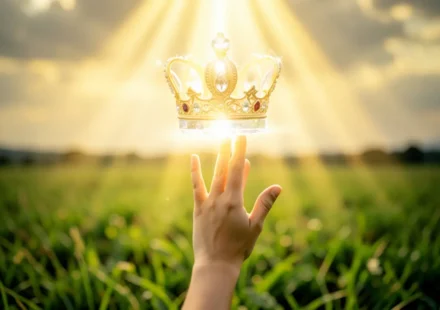 Mão buscando coroa dourada, simbolizando o Reino de Deus e prioridade espiritual.