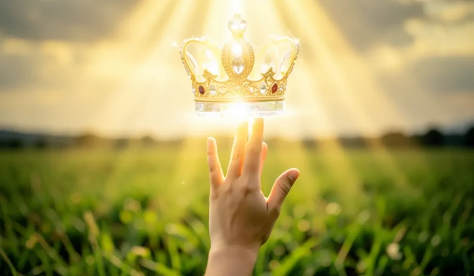 Mão buscando coroa dourada, simbolizando o Reino de Deus e prioridade espiritual.