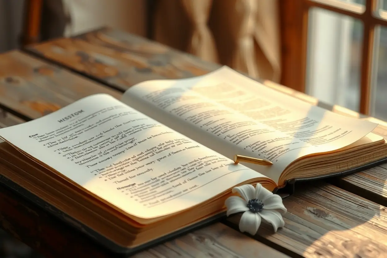 Bíblia aberta sobre uma mesa de madeira, com uma flor delicada ao lado e luz suave.